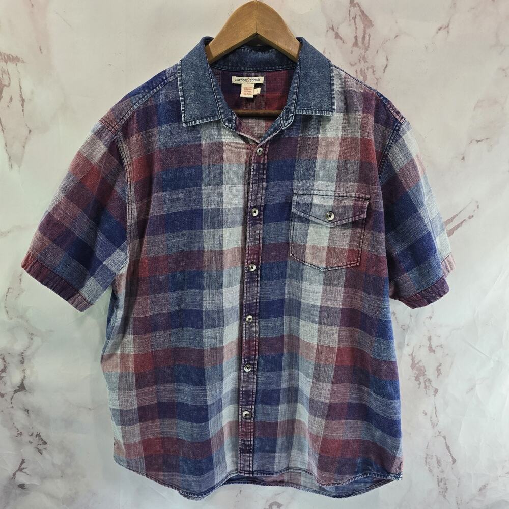 Carbon 2 Cobalt Shirt Mens Large Plaid Denim Cotton Button Up Carbon2Cobalt